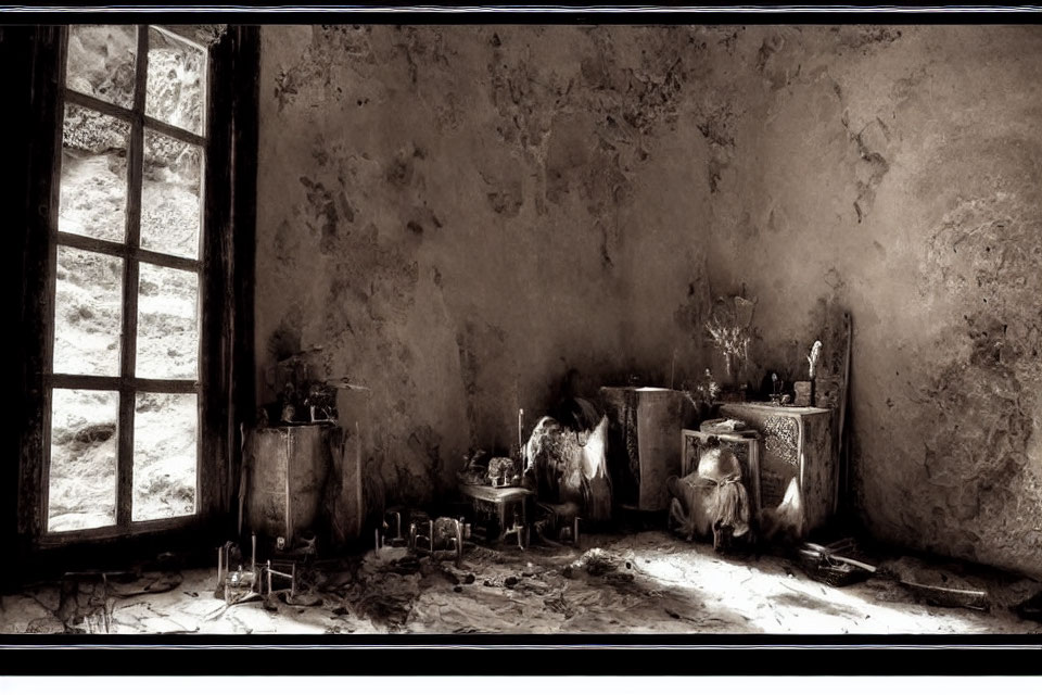 Rustic room with window, deteriorating walls, pots, flowers, and candles.