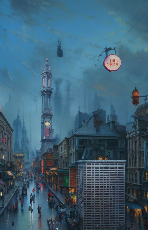 Futuristic cityscape at dusk with clock tower, cable cars, mix of architecture