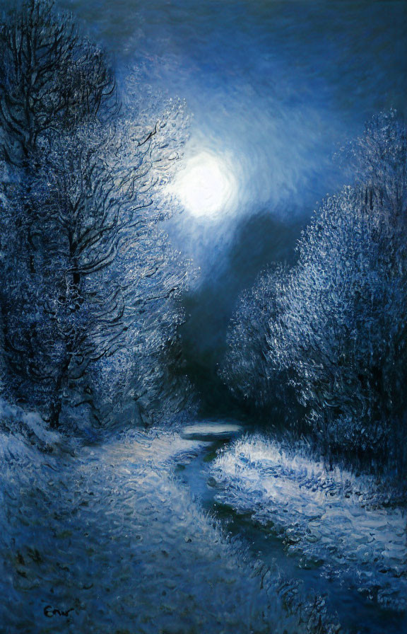 Moonlit snowy landscape with glistening trees and serene path