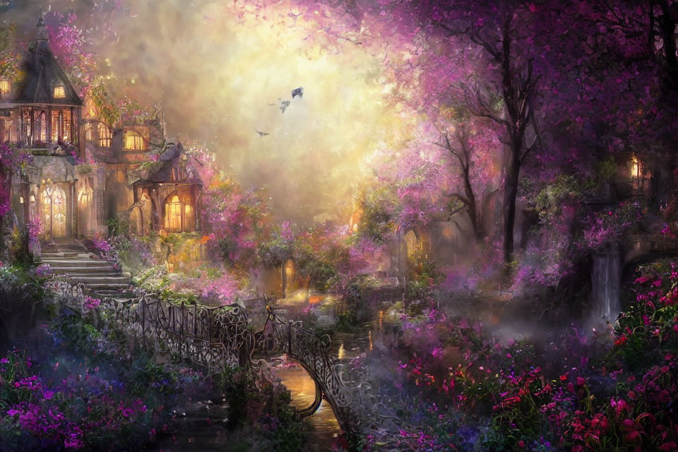 Enchanting cottage in blooming purple trees with bridge and birds