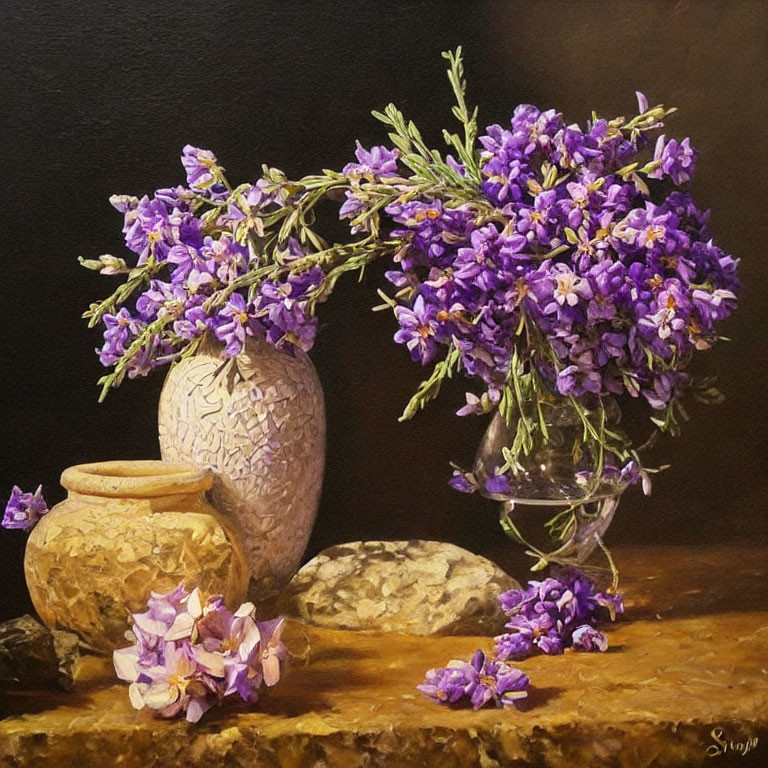 Purple Flowers in Glass Vase Still Life Painting with Ceramic Jar on Stone Surface