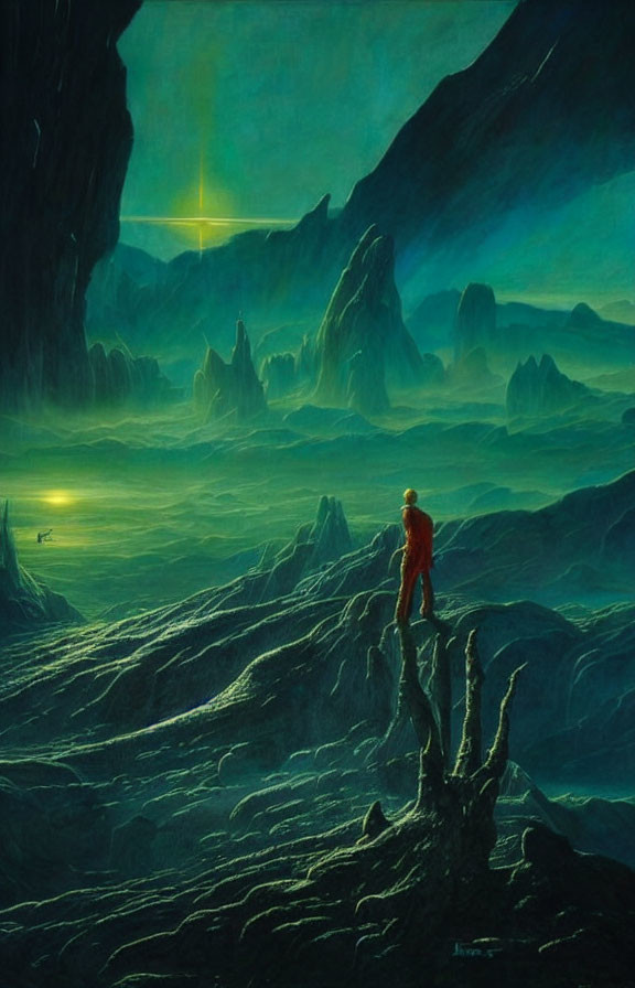 Solitary figure in red suit on rocky outcrop gazes at alien landscape