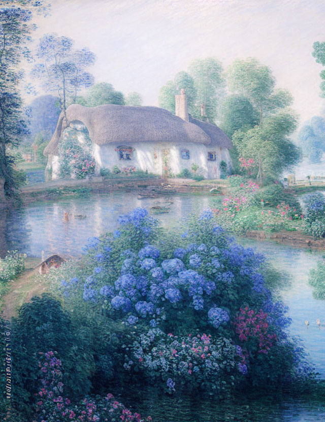 Tranquil painting of thatched cottage near pond