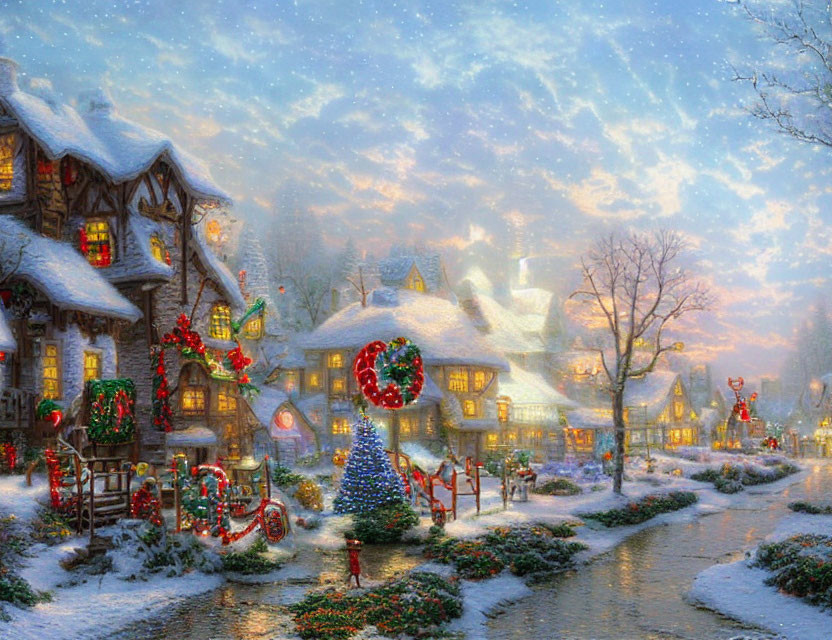 Snow-covered cottages and Christmas tree in winter village scene