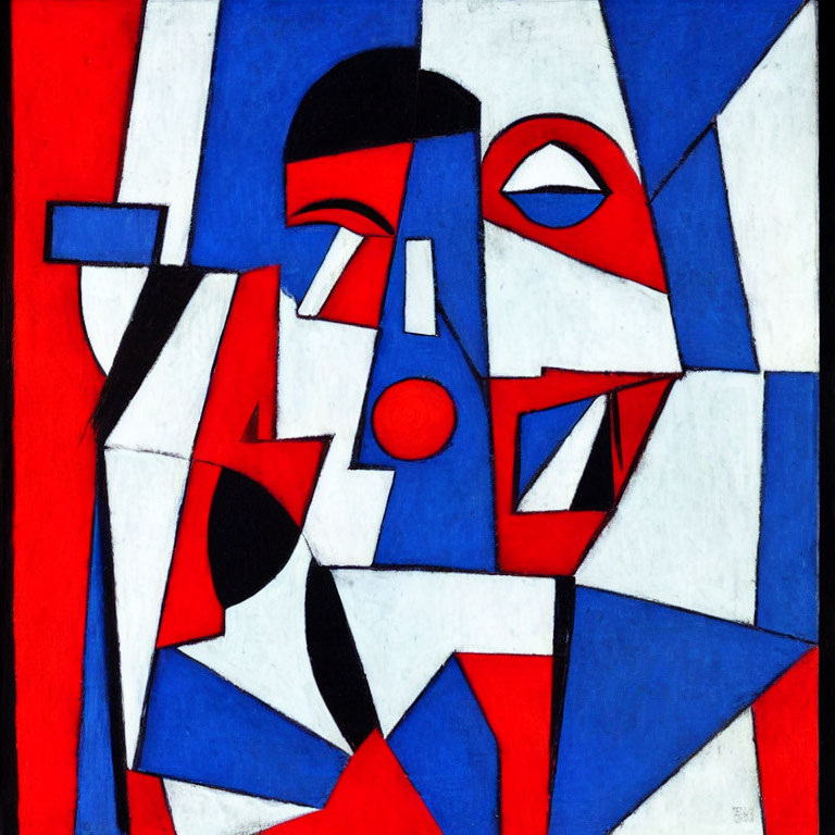 Abstract Cubist Painting of Human Face in Red, Blue, White, and Black