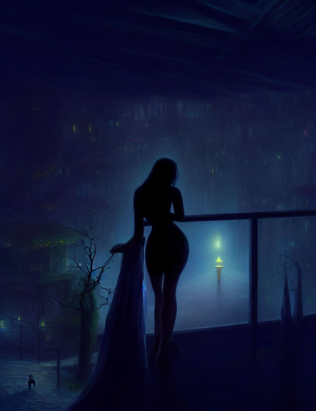Silhouette of person on balcony in misty night cityscape