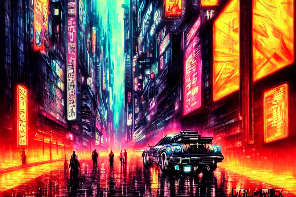 Colorful neon-lit city street with silhouetted figures and classic car at night.