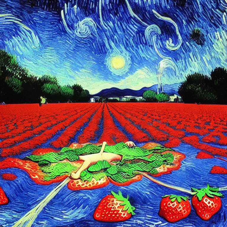 Vibrant illustration of starry sky, moon, person on pizza slice, and oversized strawberries