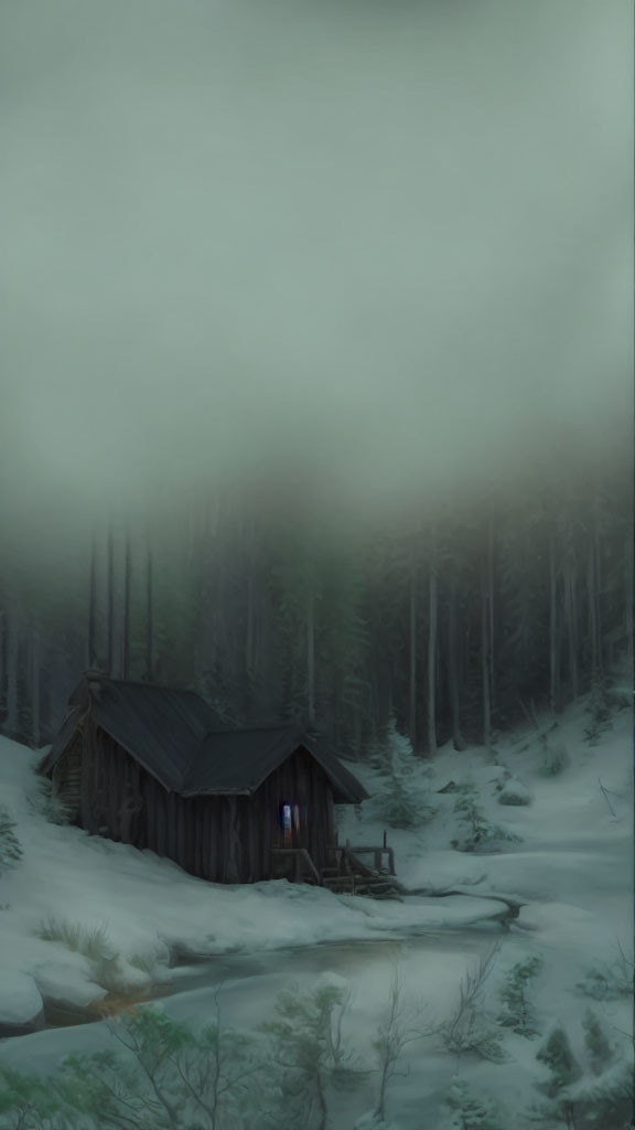 Snowy forest clearing with desolate wooden cabin in foggy atmosphere