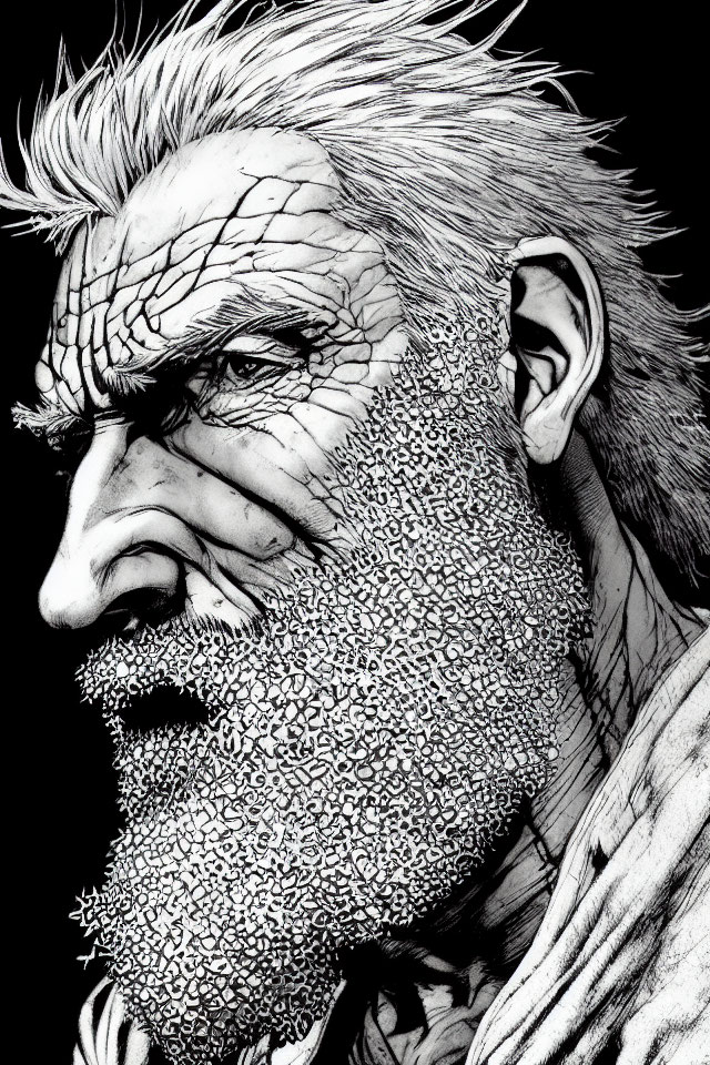 Monochromatic illustration of an older man with grizzled beard and intense gaze