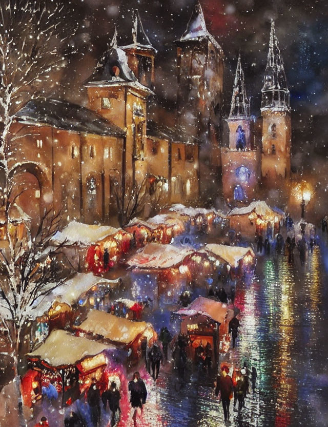 Snow-covered cathedral backdrop at bustling Christmas market