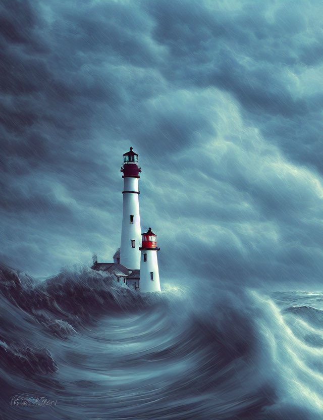 White Lighthouse with Red Roofs Amid Turbulent Ocean Waves