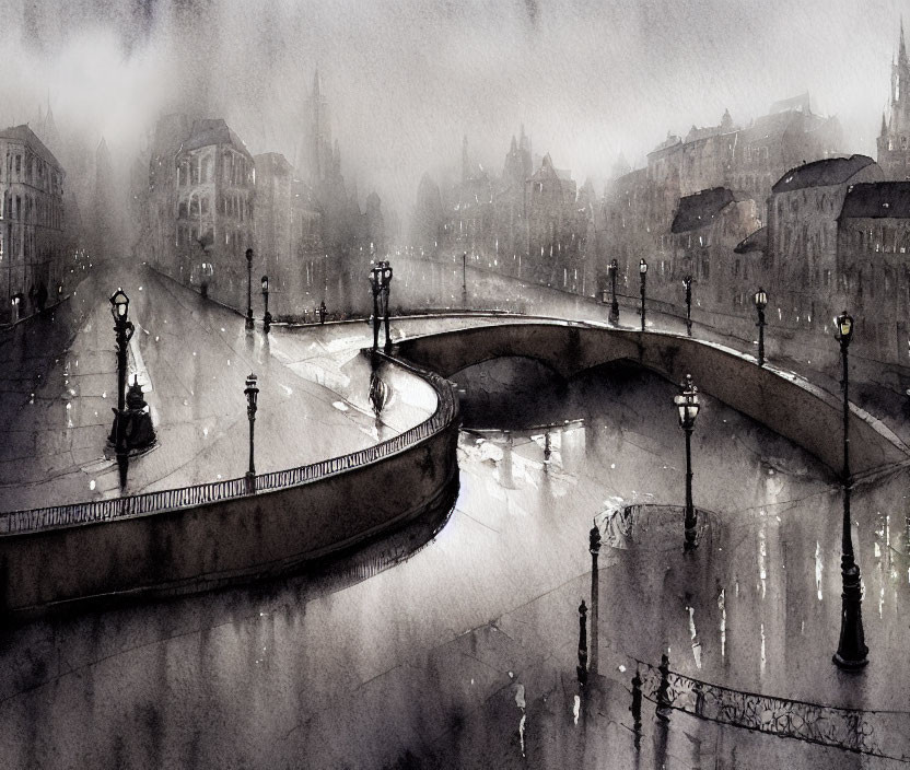 Monochrome watercolor cityscape with curved bridge and foggy background