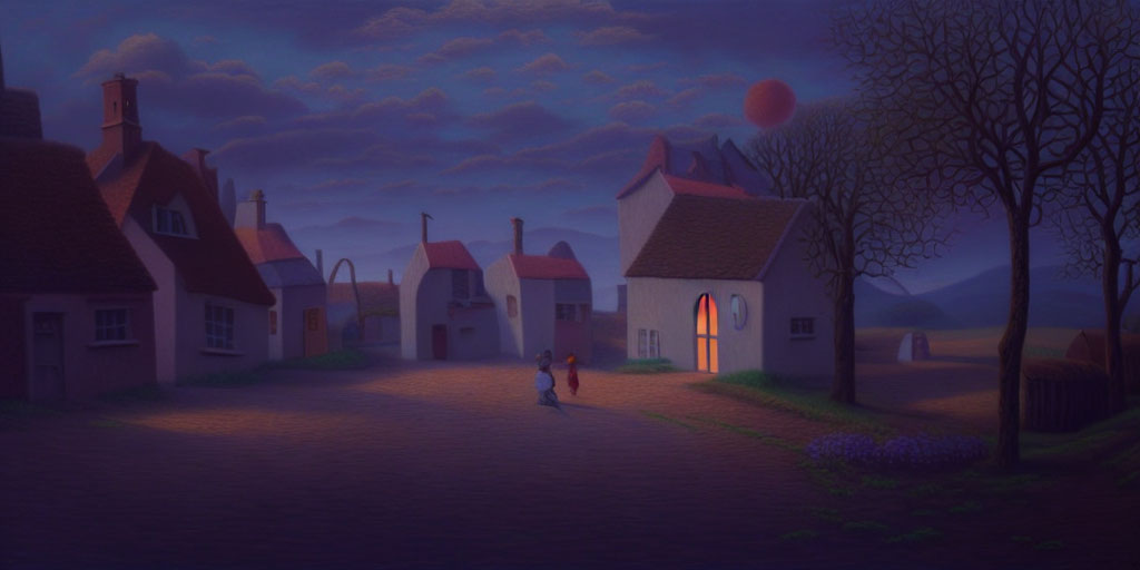 Tranquil village street at twilight with children playing under surreal red moon