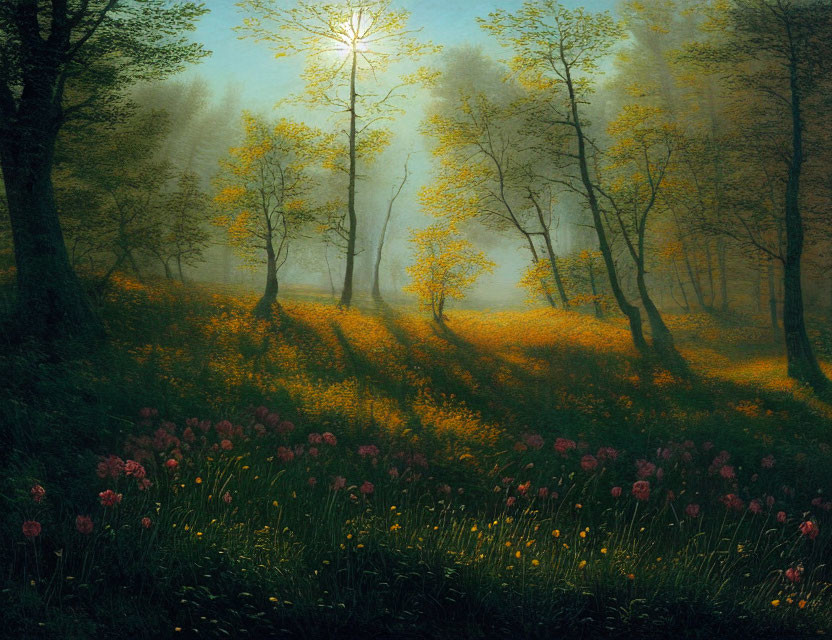 Twilight scene of sunlit forest glade with wildflowers