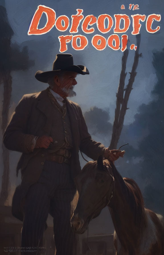 Stylized cowboy with gray beard and horse, "Doctorow 001" text above