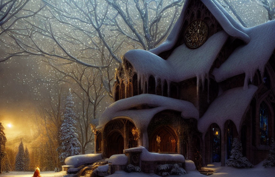 Snow-covered building with clock tower and glowing lights in snowy twilight.