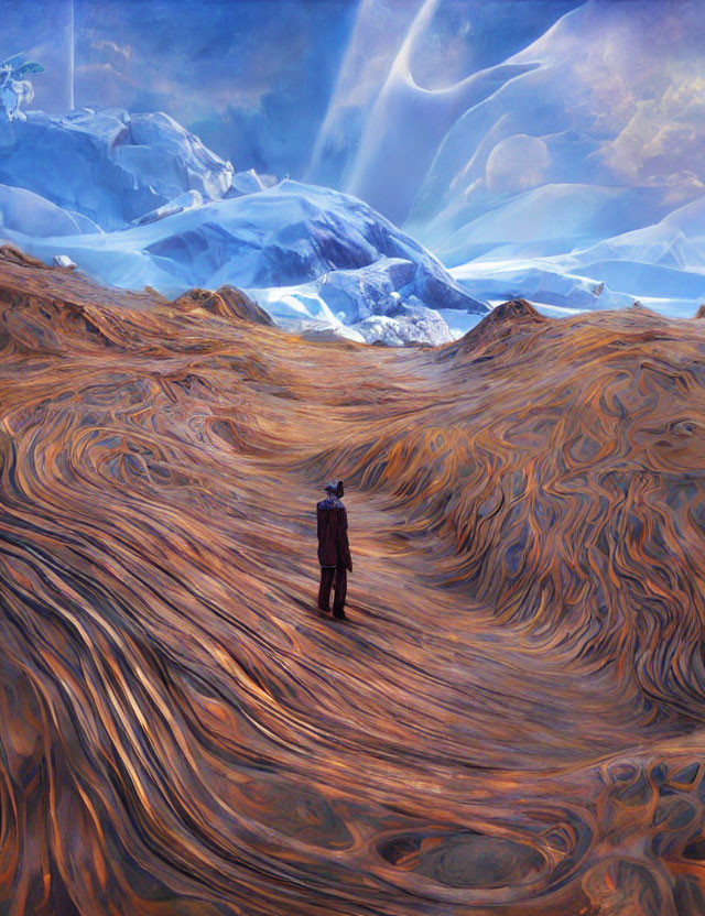 Solitary Figure on Wave-Like Ground with Blue Mountains