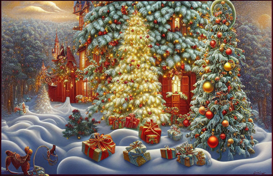 Festive Christmas tree scene with gifts in snowy landscape