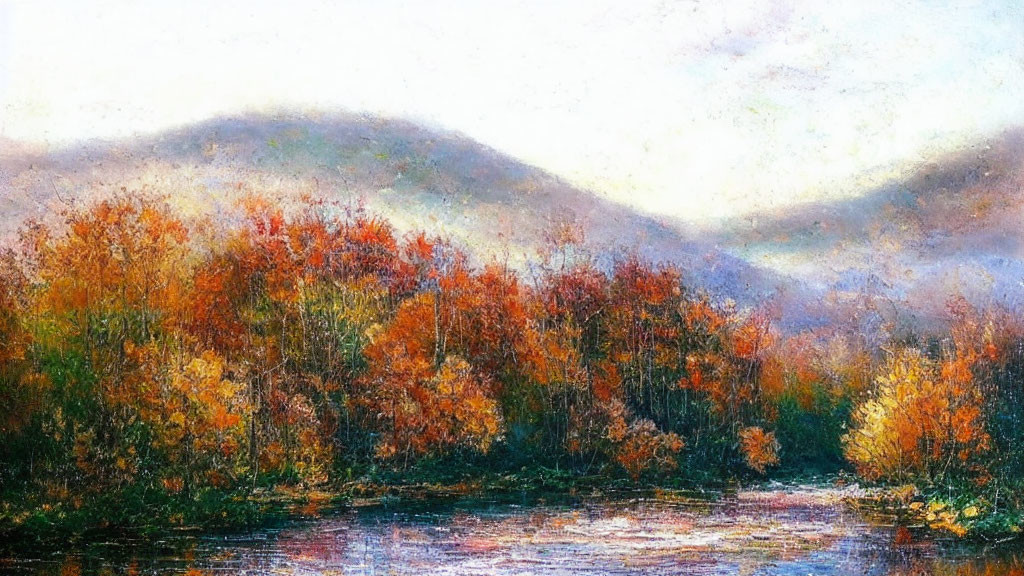 Tranquil River Painting with Autumnal Trees and Misty Mountains