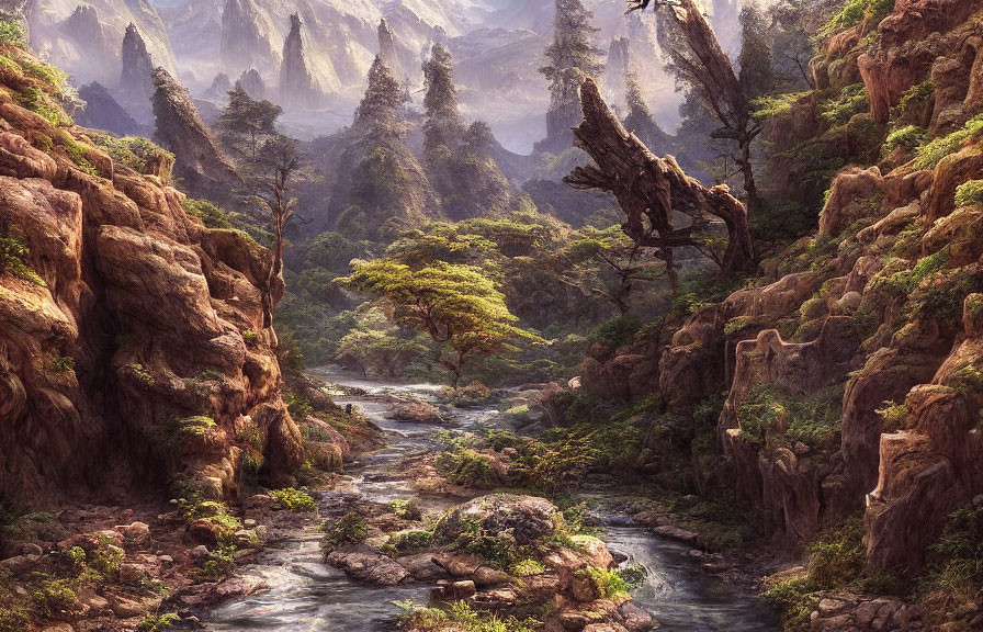 Scenic forest landscape with stream, trees, rocks, and misty mountains