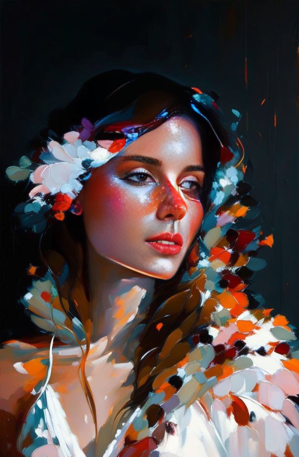 Serene woman portrait with colorful floral arrangement and dramatic lighting