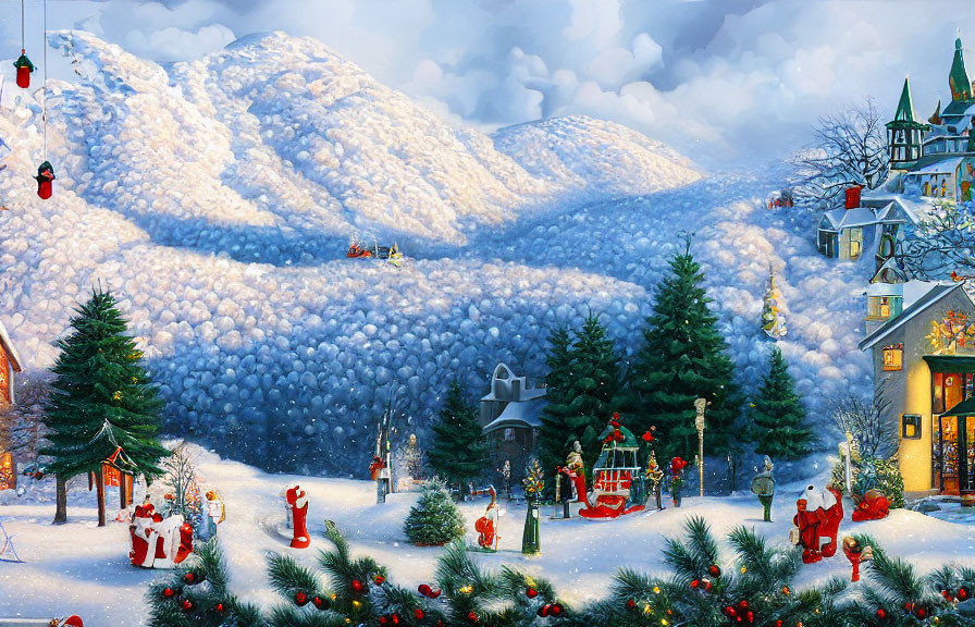 Snowy Winter Village Scene with Christmas Decorations