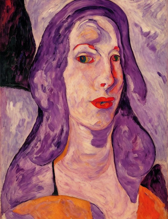 Colorful Expressionist Portrait of Woman with Purple Hair and Red Eyes