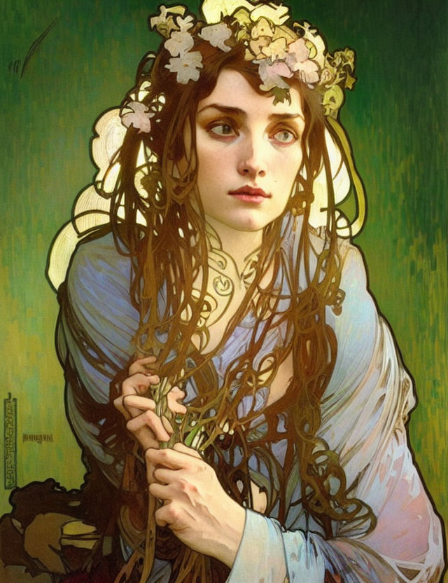 Woman with floral wreath and blue eyes in ethereal attire on green background