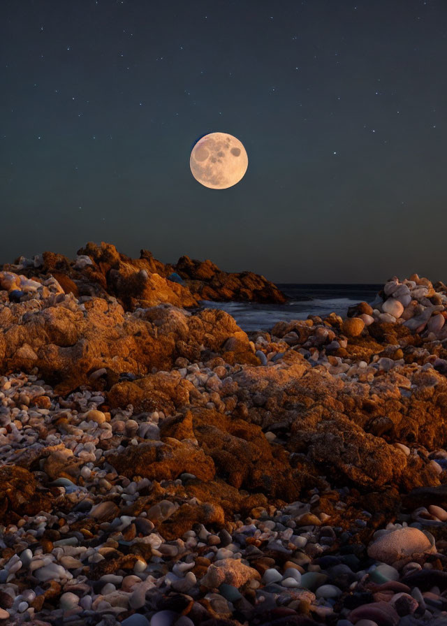Full Moon Night Seascape with Rocky Terrain and Starry Sky