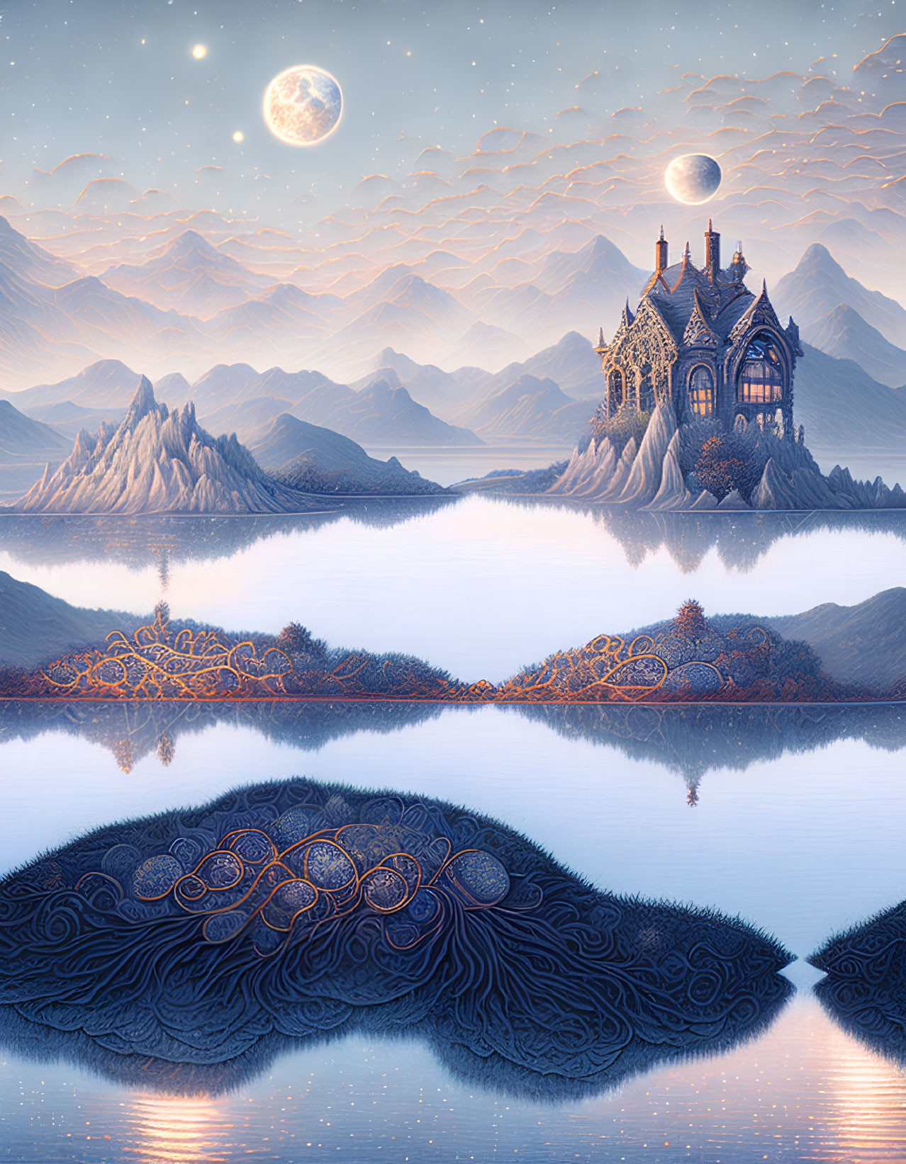 Gothic castle in fantastical landscape with lake, trees, and starry sky