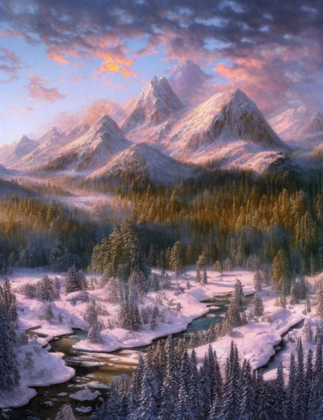 Majestic snow-covered mountains above forest, river, and pink-tinged sky