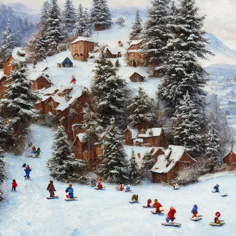 Snow-covered houses and pine trees in tranquil winter setting with sledding people and gentle snowfall