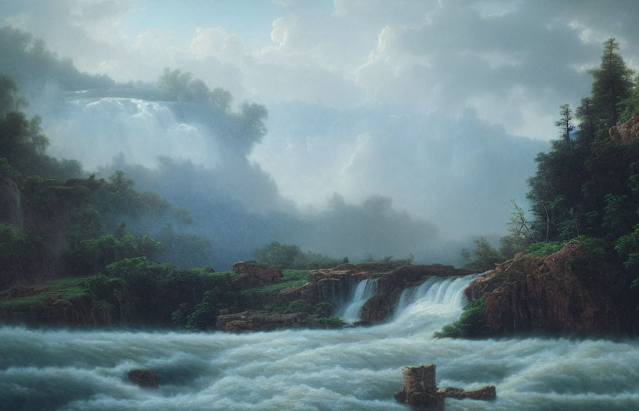 Tranquil landscape with multiple waterfalls and lush greenery