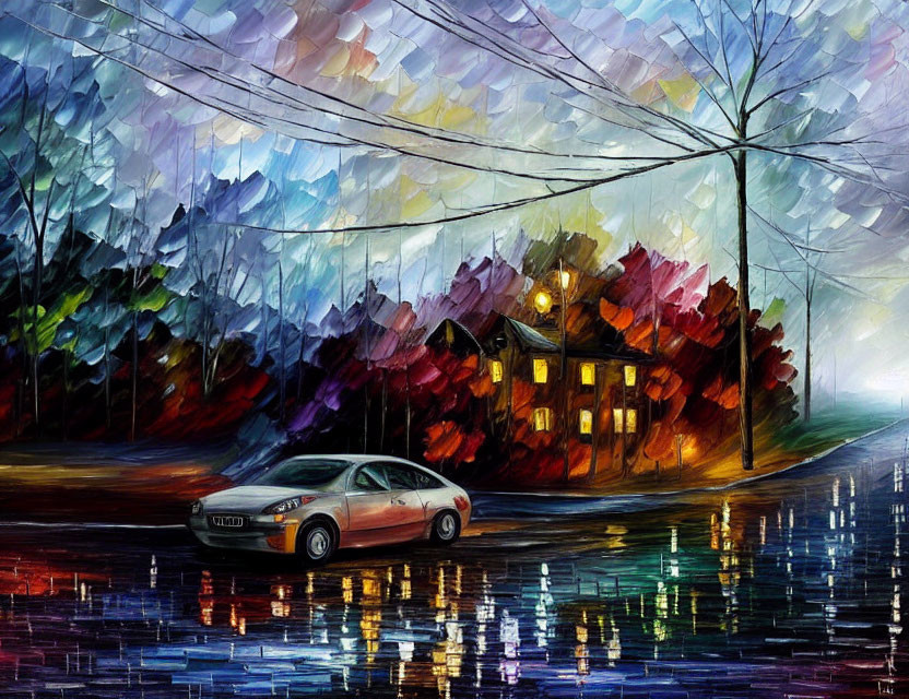 Impressionistic street scene painting with car, lit house, and colorful trees