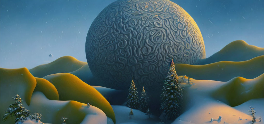 Patterned sphere over snowy landscape with hills and trees under dusky sky