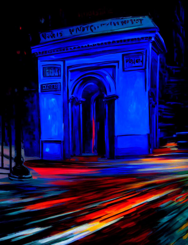 Colorful Expressionist Painting of Street Corner Building in Blue and Red-Orange