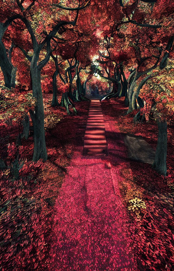 Vibrant autumn forest path with red and orange foliage