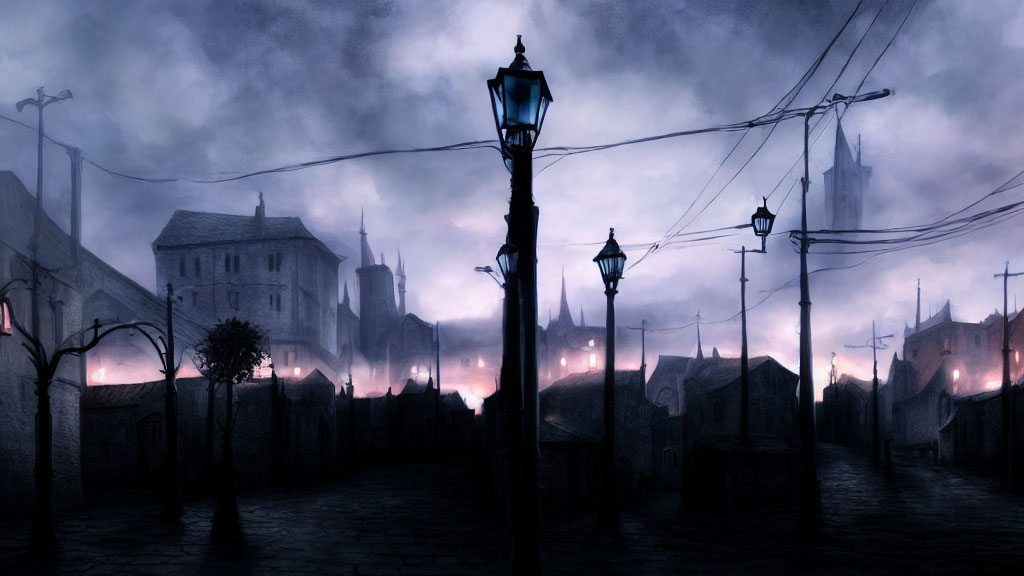 Misty Twilight Scene: Cobblestone Street, Glowing Lamps, Medieval Buildings