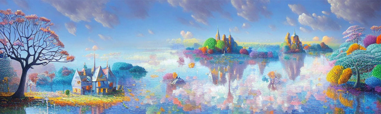 Colorful Fantasy Landscape with Cottage and Diverse Trees