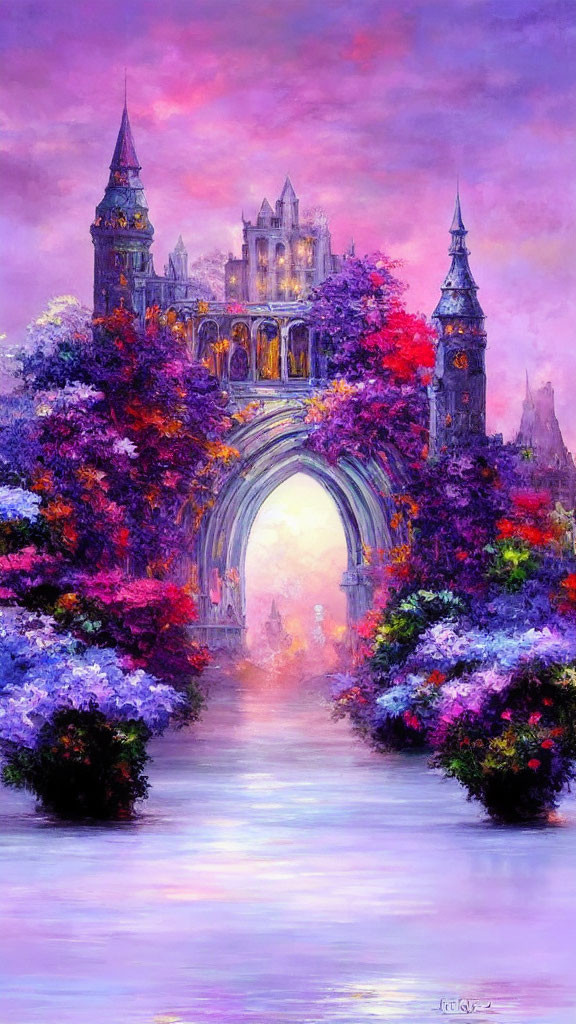 Enchanting fairytale castle painting with lush foliage and river portal