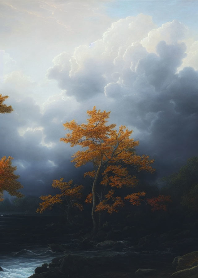 Tranquil landscape with golden tree by river & dramatic sky