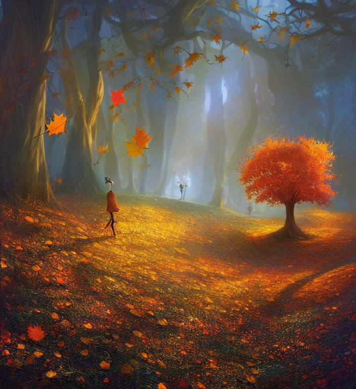 Vibrant autumn forest scene with fiery tree and sunbeams