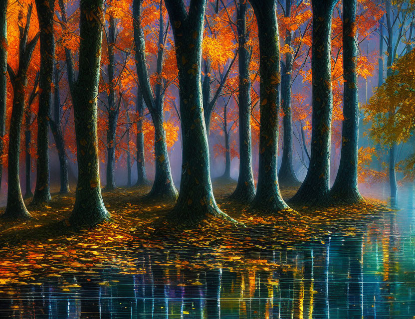 Tranquil autumn forest with vibrant orange leaves and blue water reflection