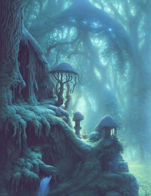 Mystical treehouses in ethereal fantasy forest