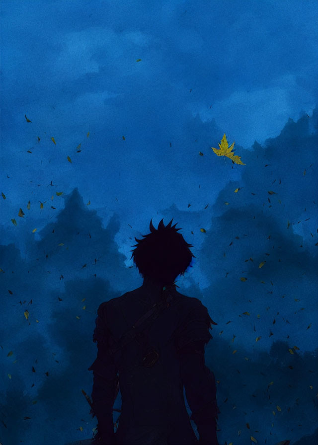 Spiky-haired figure in moody blue setting with birds and falling leaf