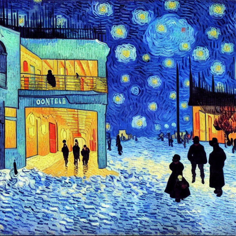 Night scene of small town with swirling blue sky, stars, people, and yellow buildings.