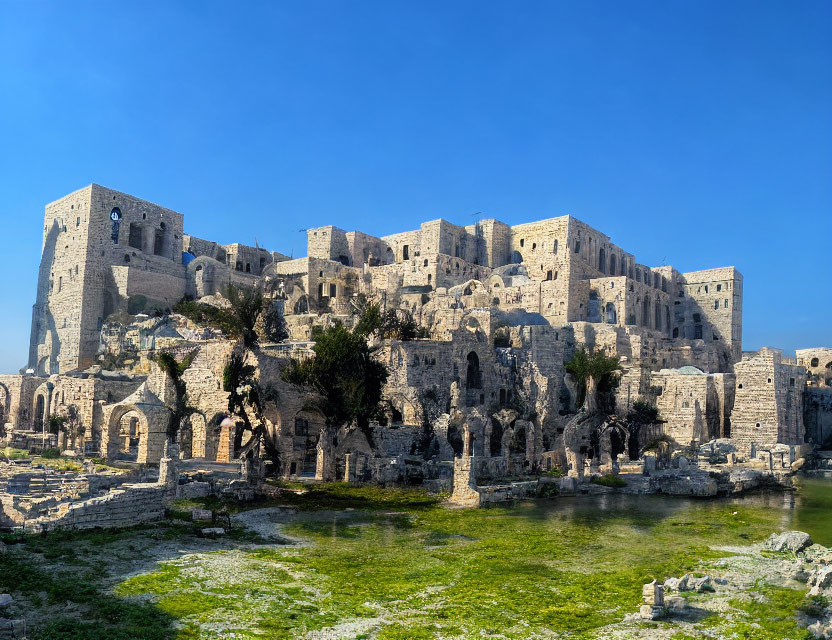 Medieval stone fortress with ancient walls and arched windows under clear blue sky