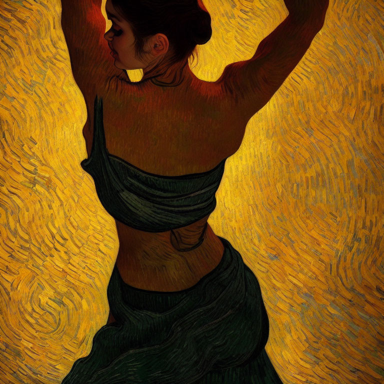 Woman in Van Gogh-style swirling painting with raised arms and green garment on yellow backdrop