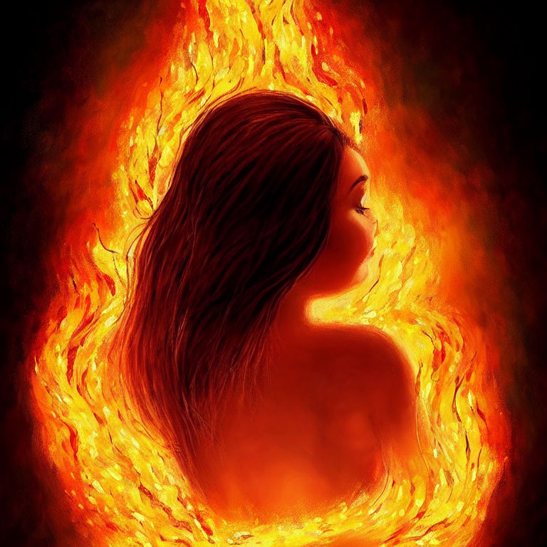 Woman's profile engulfed by vibrant swirling flames